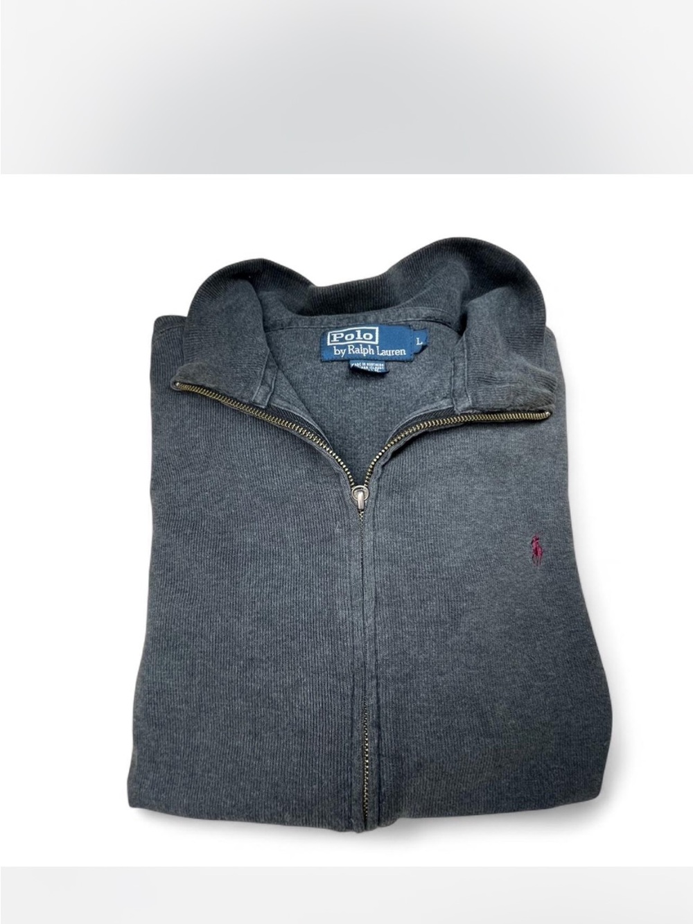 Ralph Lauren Men's Charcoal Gray Full-Zip Sweater with purple Polo Logo - Picture 4 of 4